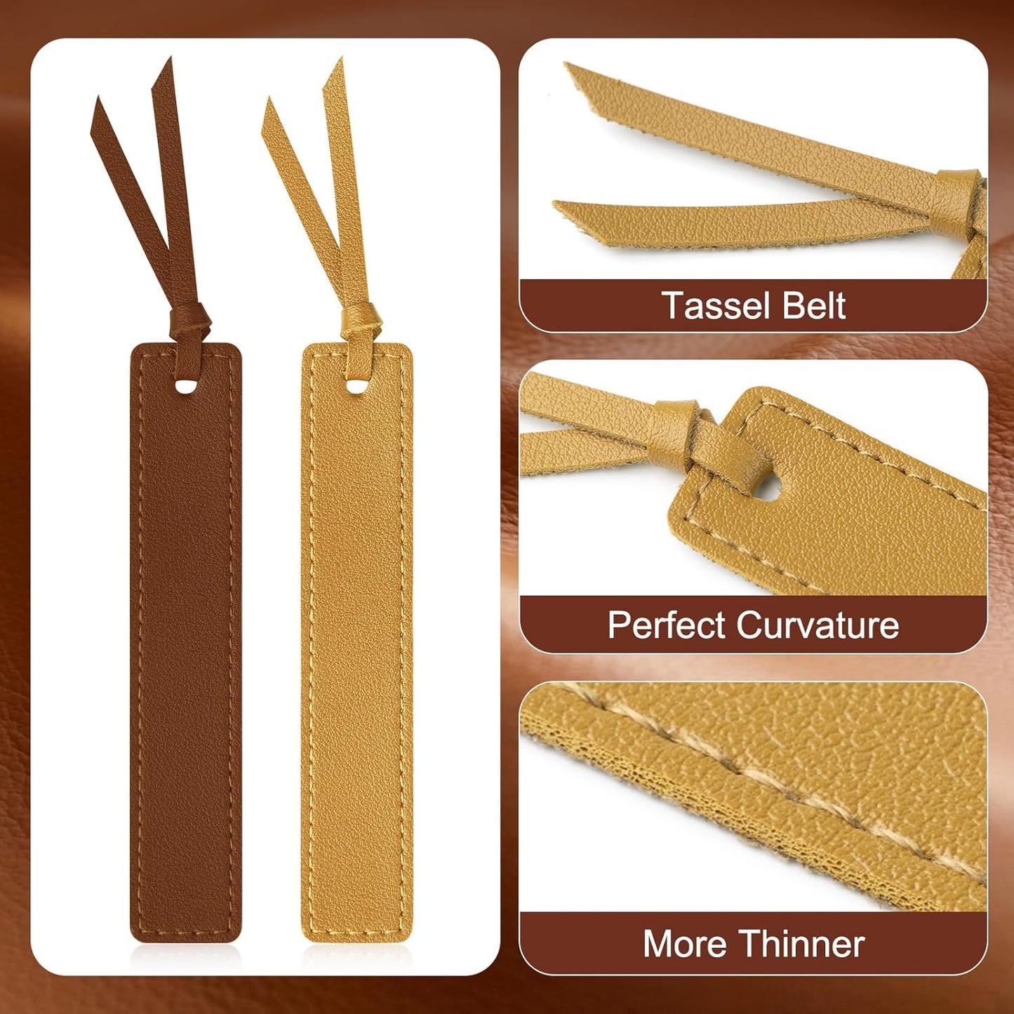 6 Pcs Leather Bookmark with Tassel, Classic Style Bookmark, 0.05 Inches Thin Handmade Stitched Bookmarks for Men, Book Marks for Reading, Gifts for Book Lovers, Readers (Light Retro)