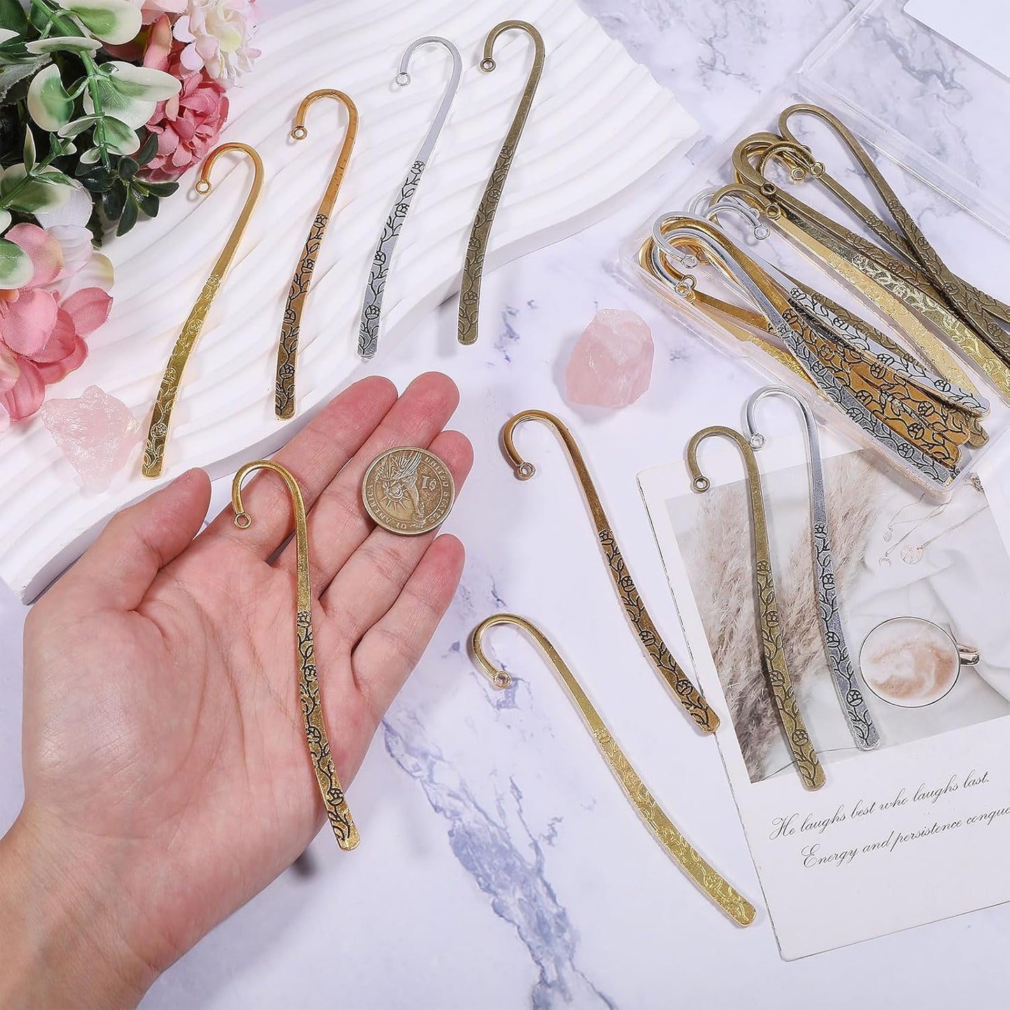 GLOBLELAND 24 Pcs 4 Colors Alloy Beadable Bookmarks Metal Bookmark Hairpin Markers Embossed Bookmarks for Adults Book Reading Lovers Enthusiasts Gifts