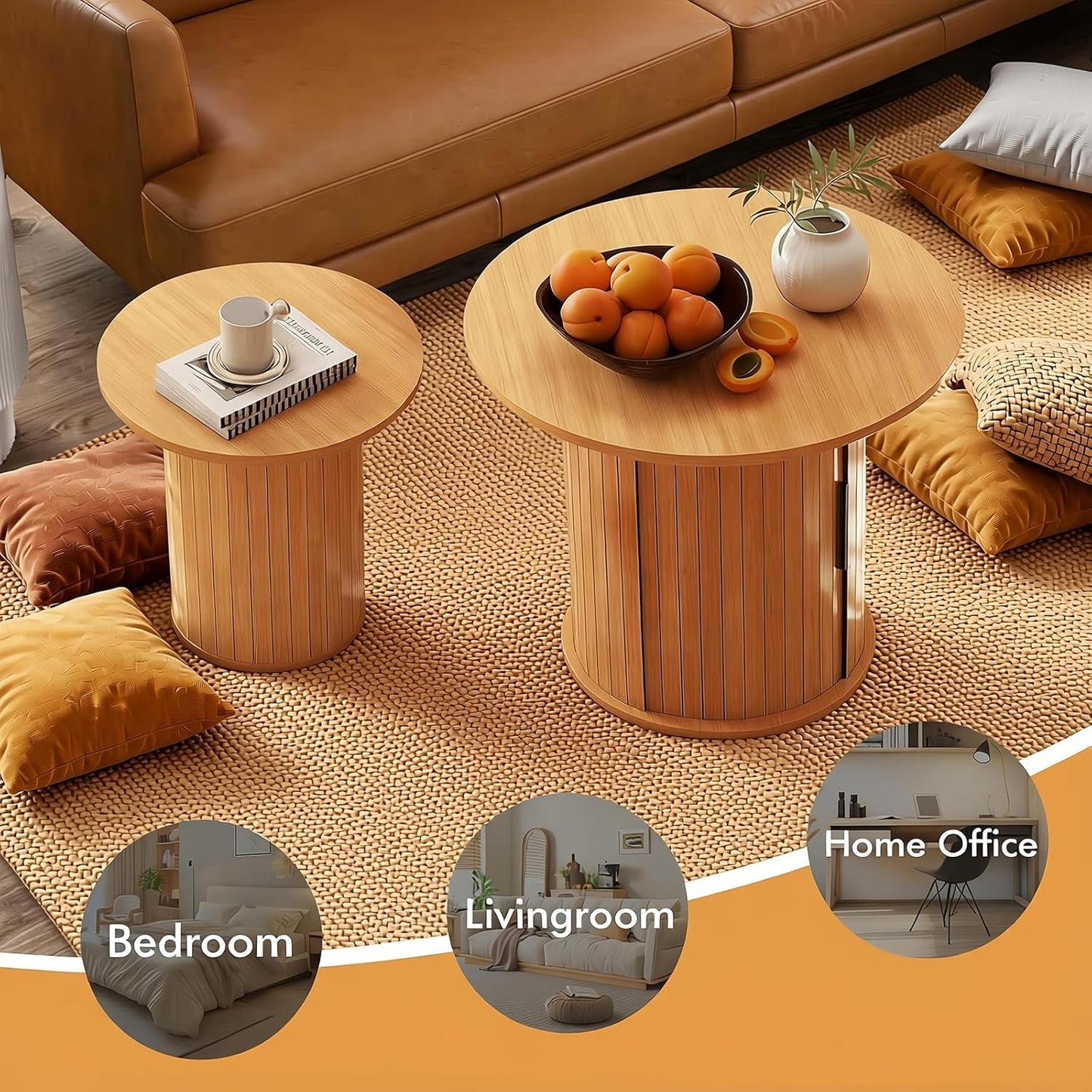 Modern Walnut End Table with Storage - Fluted Design Living Room Accent Table, Tall Bedside Nightstand & Sofa Side Table for Small Spaces, Dark Wood Finish (23.6" Wide, Natural)