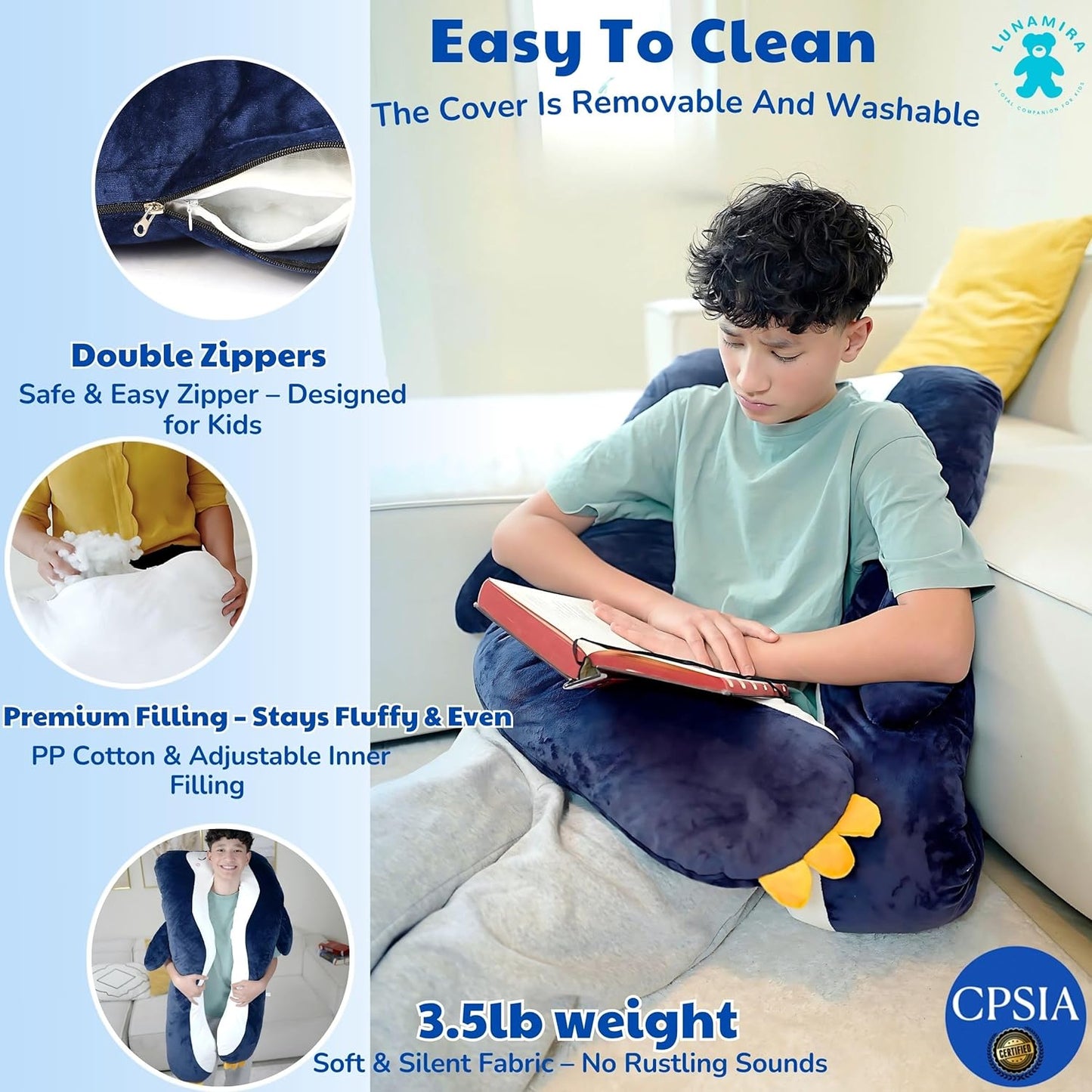 LUNAMIRA Penguin Kids Body Pillow - 47" U-Shape Long Plush Animal Pillow for Kids, Sleeping, Reading, ADHD & Special Needs Comfort, Anxiety, Washable Cover, Snuggle Fun Cuddle Gift for Boys & Girls