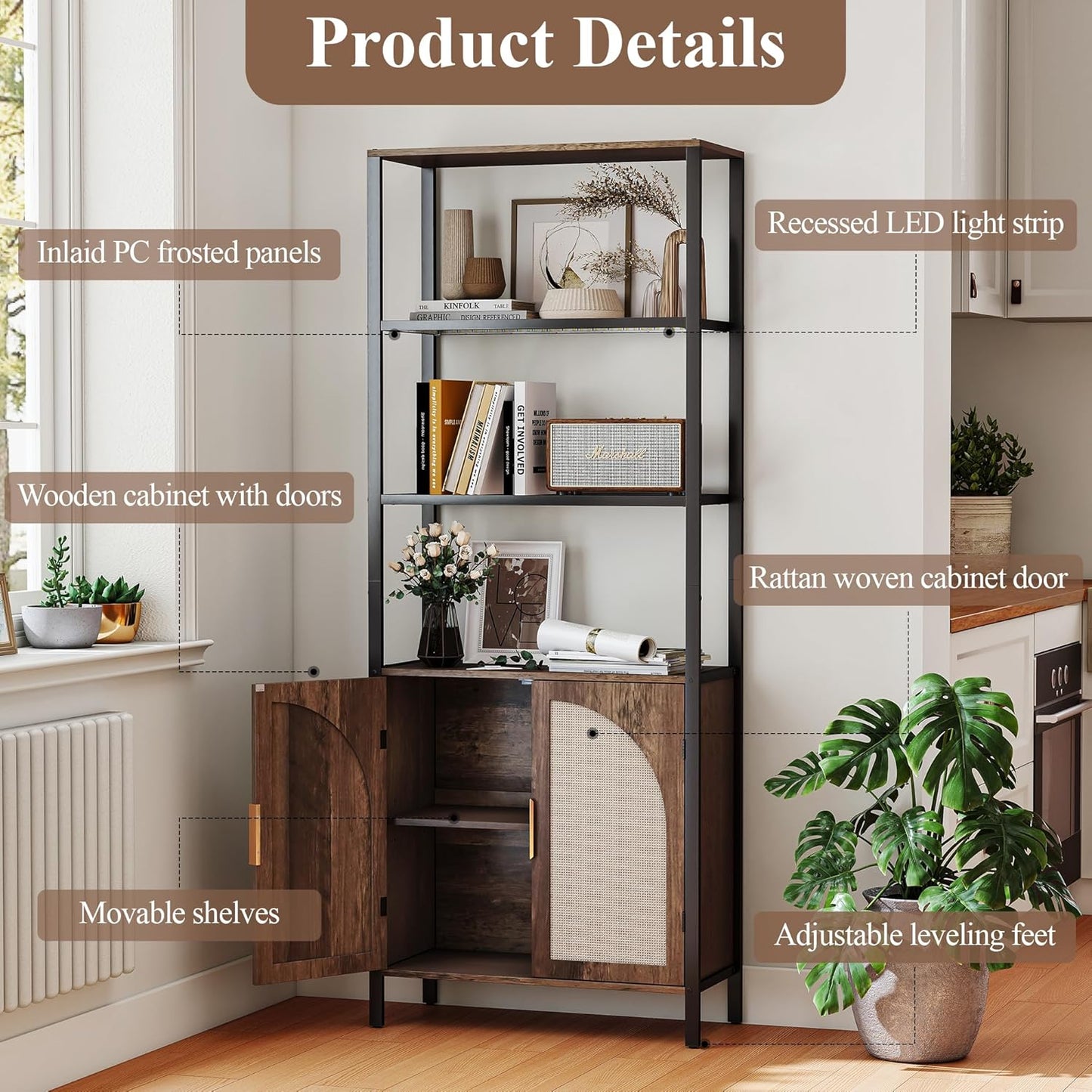 Rattan Bookshelf with Storage, 71" Tall Bookcase with Doors, Boho Book Shelf Narrow with LED Lights for Living Room, Bedroom, Home Office, Brown