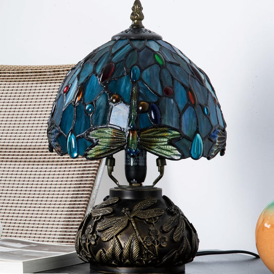 Tiffany Style Stained Glass Mushroom Bedside Table Lamp 8-inch Green Blue Dragonfly Beautiful Shade Nightstand Light for Bedroom Dorm Living Hallway Coffee Table Home Office Housewarming Gift
