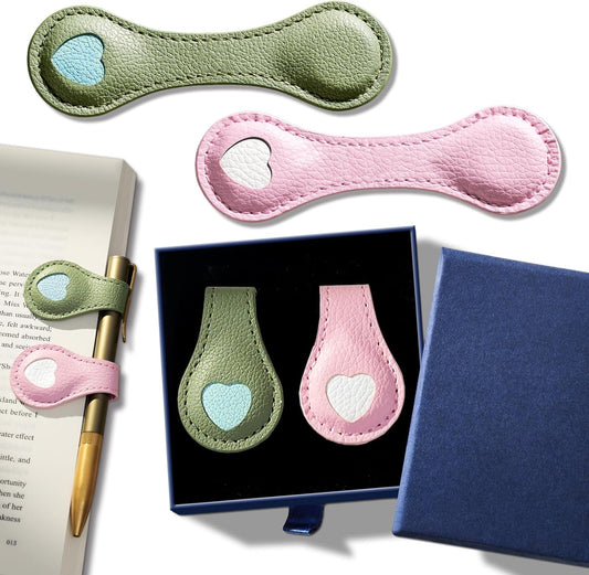 2Pcs Magnetic Leather Bookmarks with Gift Box Magnetic Pen Holder Book Marks Clip Gift for Book Lover Readers Men Women Teachers Students, Heart (Pink+Green)