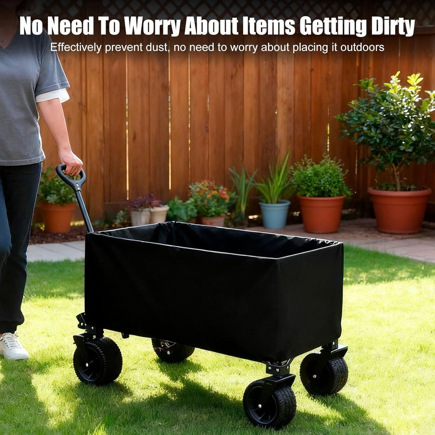 XhuangTech 38’’×22’’ Garden Wagon Cover Black, 420D Fabric Portable Folding Trolley Cart Cover Waterproof Dustproof, Festival Trolley Protective Cover for Outdoor Camping Shopping
