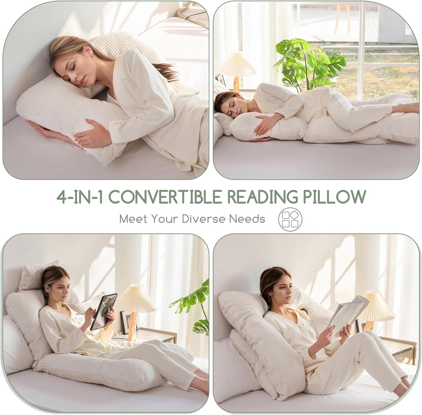 HIGOGOGO Reading Pillow, Back Pillow for Sitting in Bed and Couch, Gaming Pillow for Adults, Sit Up Support for Bed, Beige