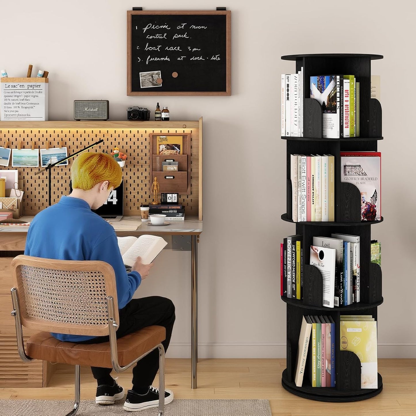 360°Rotating Bookshelf,4 Tier Corner Bookcase,Book Shelf,Floor Storage Wood Organizer for Sturdy,Home Office,Living Room,Bedroom,Kids Room