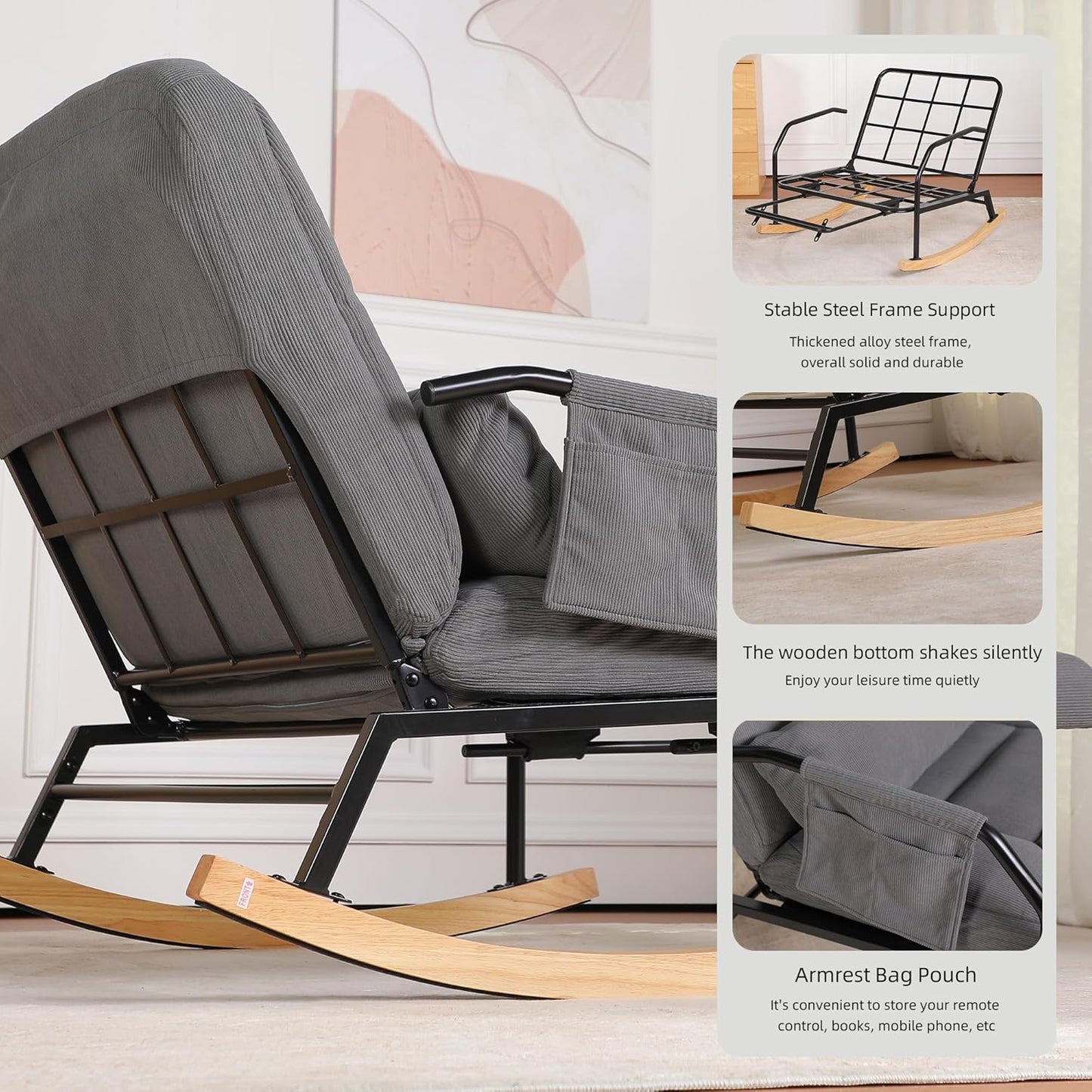 Oversized Reclining Rocking Chair with Foot Rest, 110°–160° Adjustable Backrest, Upholstered Armchair with Side Pocket for Nursery and Living Room, Grey