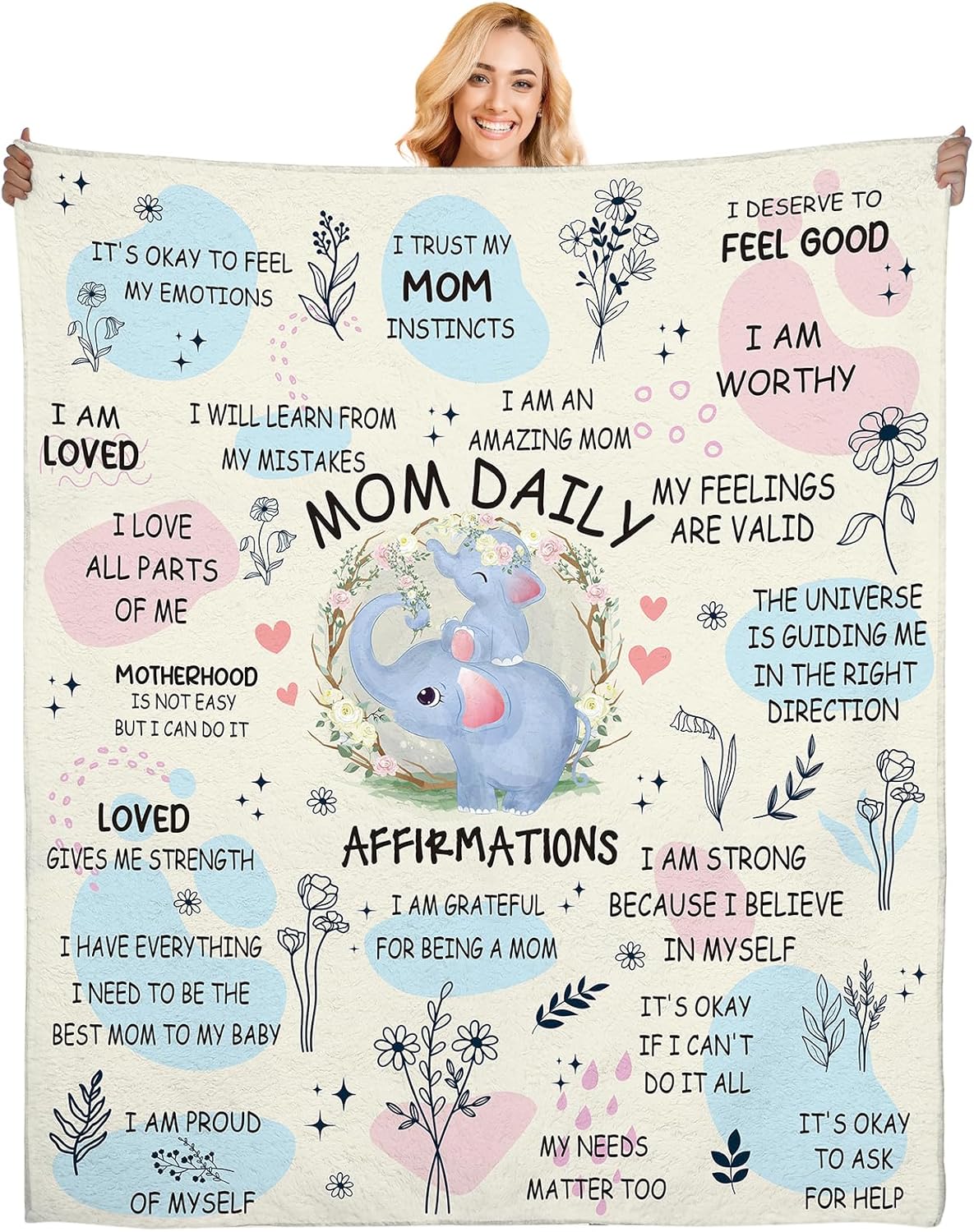 New Mom Gifts Blanket - Mama Daily Affirmations Elephant Throw 50x60, Postpartum Self Care Inspirational Gift for Mommy to Be, Boy or Girl Mom Present