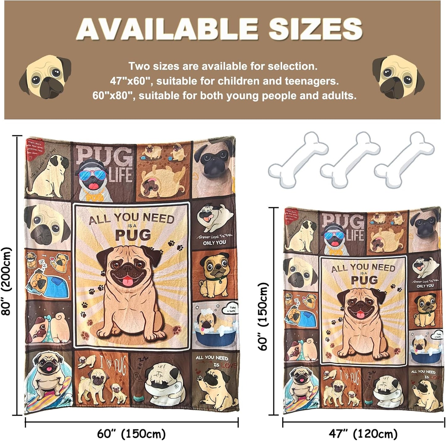 Pug Blanket, Cute Puppy Fleece Blankets Super Soft Fuzzy Gifts for Pugs Lovers Plush Throw Dog Decor (Brown Pug, 47" x 60")