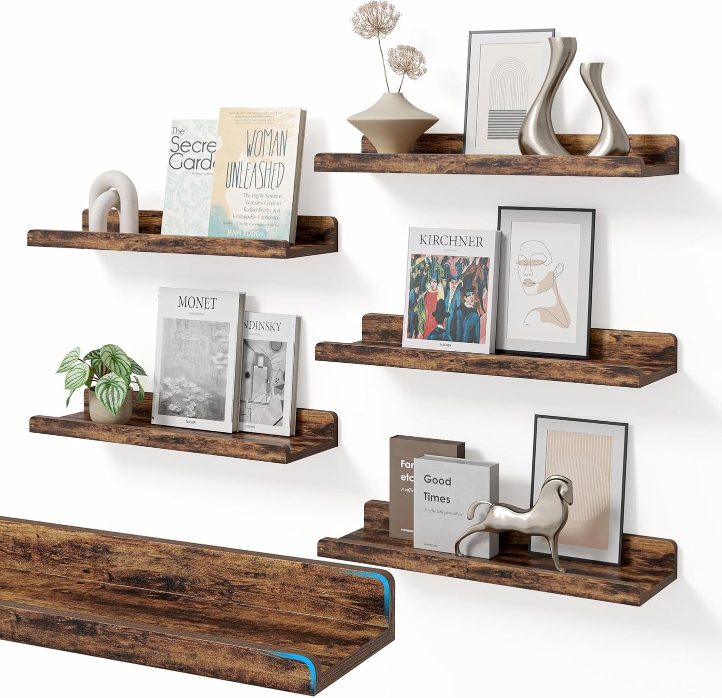 16’’Rustic Brown Floating Shelves for Wall Set of 6,Rustic Wood Shelf for Room Decor/Storage/Display,Small Bookshelf,Wall Mounted Hanging Shelves for Bedroom, Bathroom, Living Room, Kitchen
