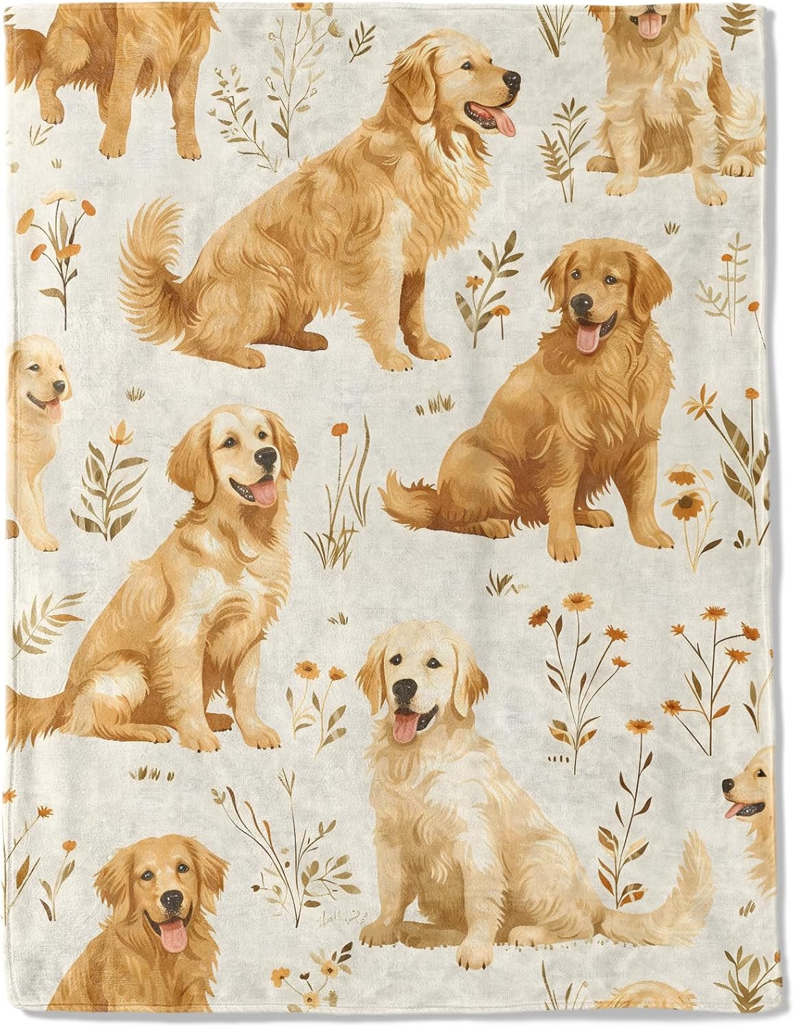 Golden Retriever Flannel Blanket - Lightweight Soft Cozy Gifts Blankets for Dog Lovers, Kids, Women,Cute Floral Art Style Throw,Elegant Home Room Modern Retro Decor 40x50in