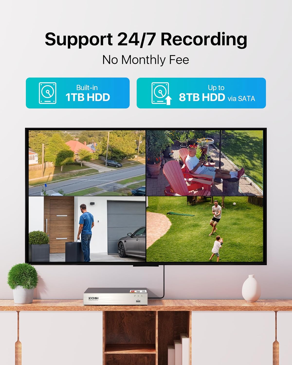 ZOSI 3K Lite 8CH Security Camera System with 1TB HDD,AI Human/Vehicle Detection,80ft Night Vision,H.265+ 8 Channel 1080P HD-TVI DVR Recorder,8pcs 1920TVL Weatherproof CCTV Dome Cameras Indoor Outdoor