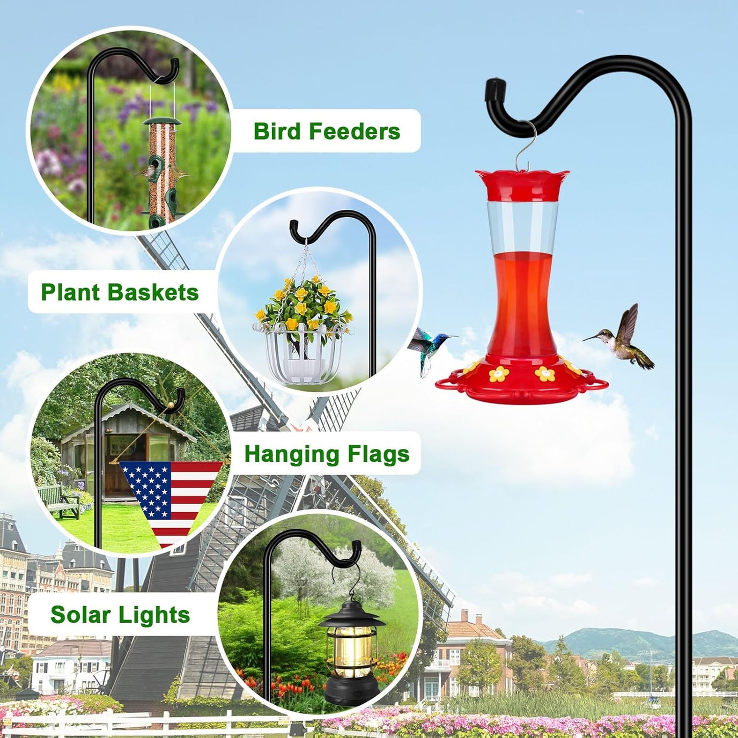 FEED GARDEN 76'' Bird Feeder Pole, Heavy Duty Shepherds Hooks for Outdoor with 7-Prong Base, Adjustable Shepherds Hook for Hummingbird Feeder, Lanterns, Plants, Wedding Decor (1 Pack)