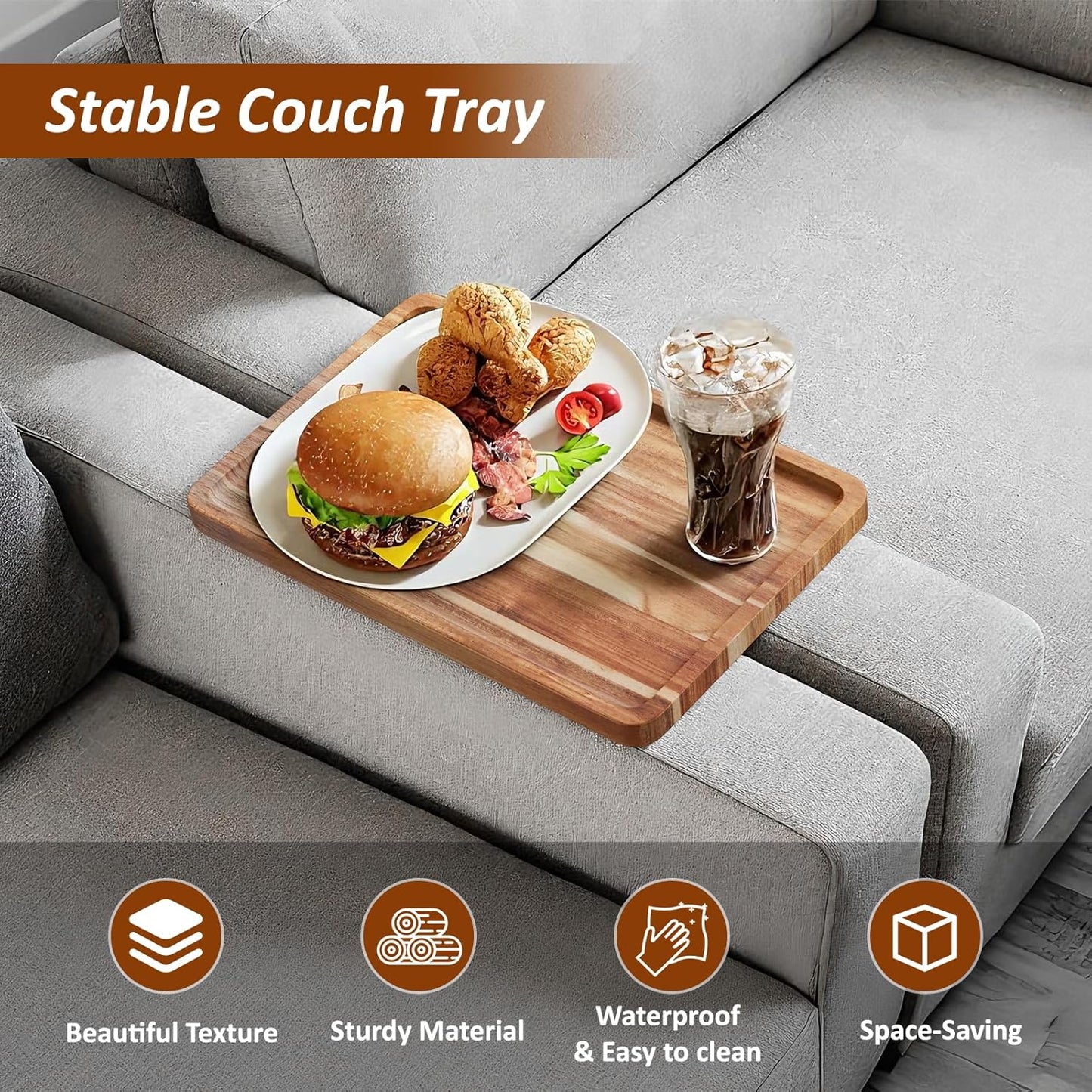 Acacia Wood Couch Tray, Folding sofa Table Insert for Middle Portable Couch Armrest Trays Perfect for Drinks, Snacks, Phone, Remote Control,14.96x10.23-inch (Rectangle)
