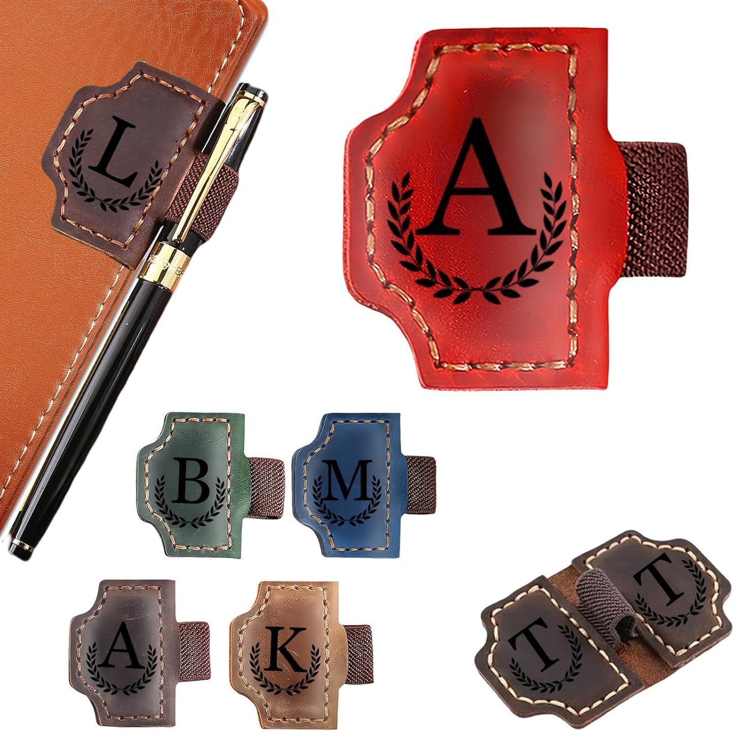 Custom Bookmark with Pen Holder Personalized Magnetic Leather Bookmarks with Initial Magnetic Leather Pen Holder Bookmark for Reading Women and Men Gifts for Booklovers (Red, A)