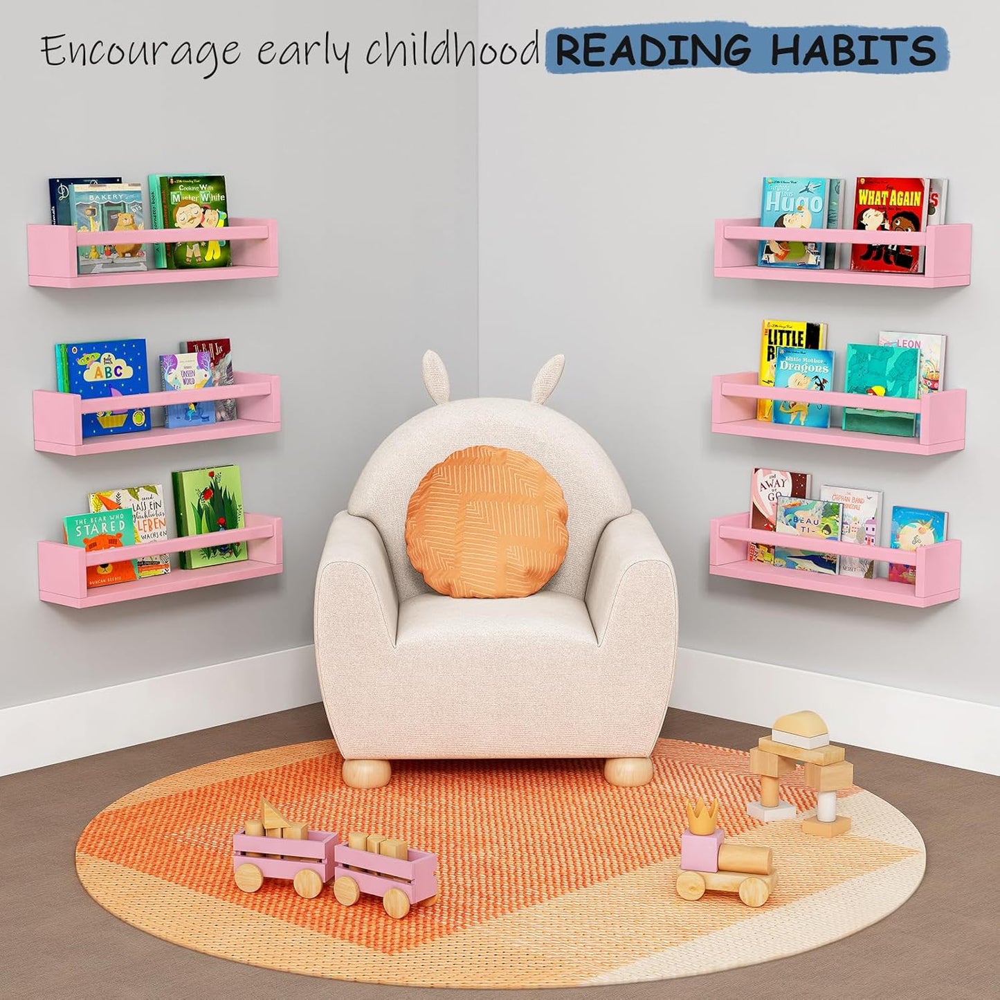 Pink Nursery Floating Shelves for Wall Set of 3, Baby Girls Room Wall Book Shelves for Kids Bedroom, Corner Bookshelf for Toddler Children Bathroom Decor and Toys Organizers and Storage