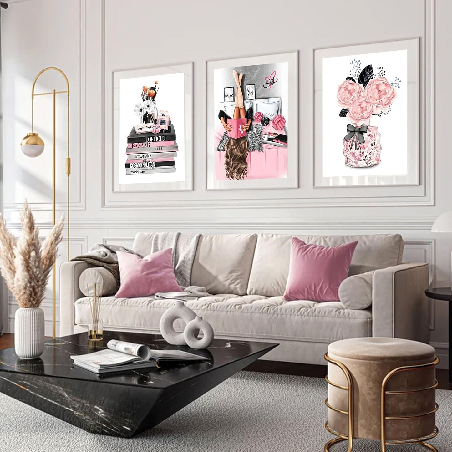 3Pcs Pink Trendy Girls Canvas Wall Art Pictures Fashion Girl Reading Book Posters Print Stylish Delicate Bathroom Bedroom Makeup Room Beauty Room Wall Decor 16x24in Unframed