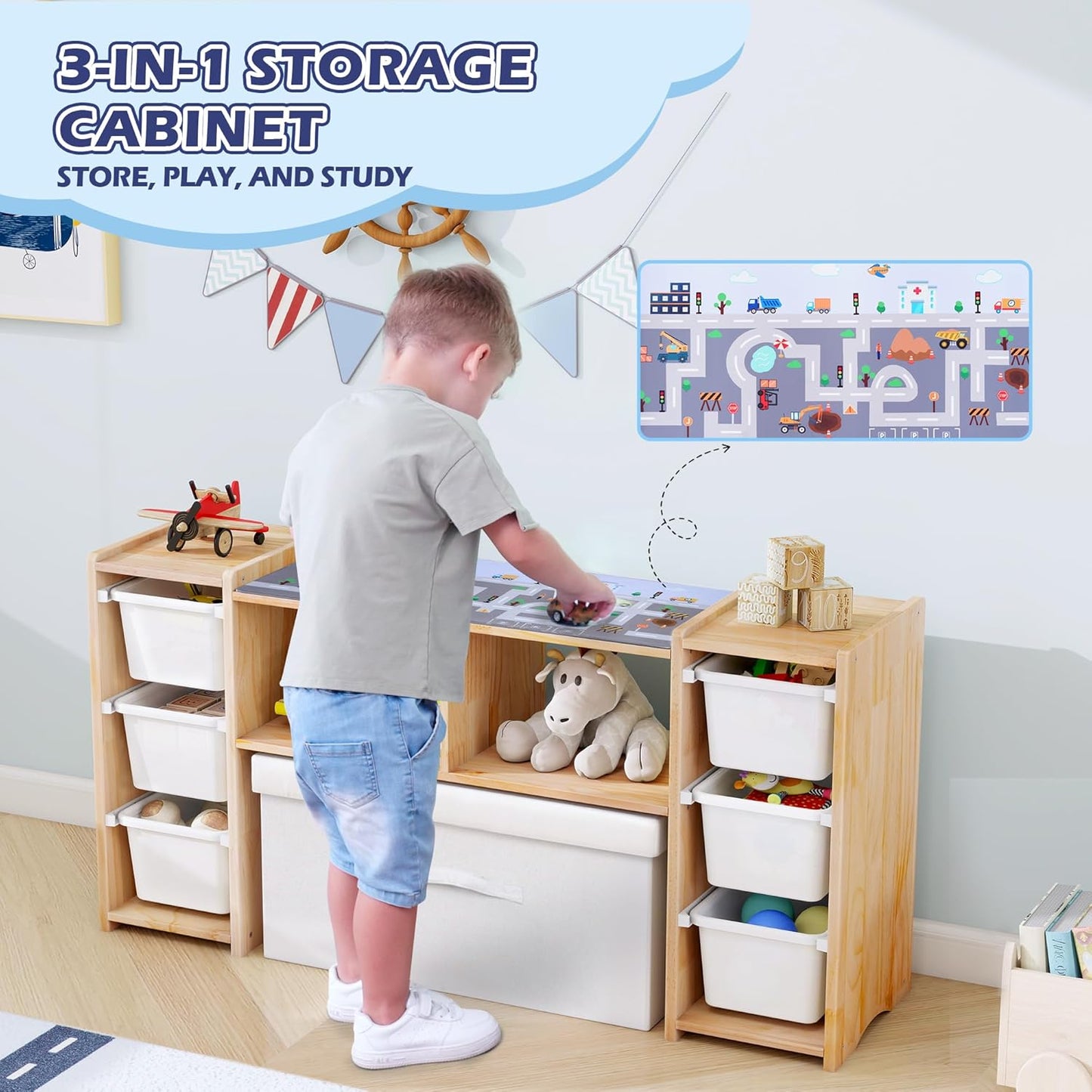 MallBest Montessori Shelf for Kids - 100% Solid Pine Wood with 6 Removable Plastic Bins, Toy Storage Organizer Cabinet for Playroom, Bedroom & Nursery (Natural)