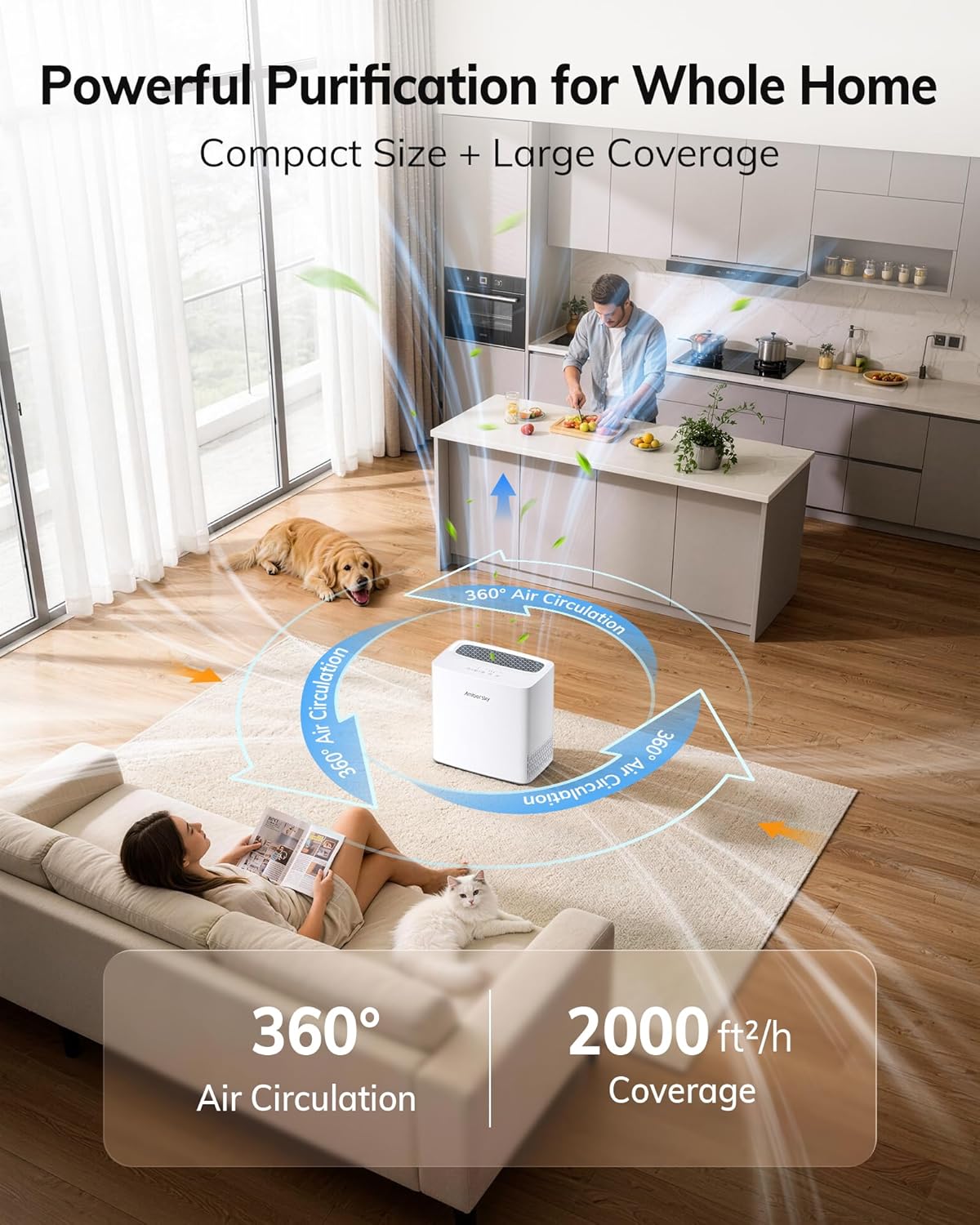 Ambersky Air Purifier for Home, True HEPA Air Cleaner Cover Up to 2000sq.ft with Real-Time Air Quality Sensor, Auto Mode, 23dB Sleep Mode, Pet Hair Dander Odor Smoke Dust Filter for Large Room
