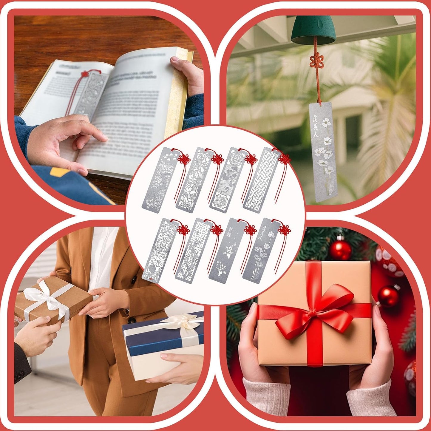 Outus 8 Pcs Hollow Metal Bookmarks Elegant Silver Gifts Classic Metal Hollow Chinese Page Marker for Women Men Stainless Steel Bookmark with Red Flower Knot
