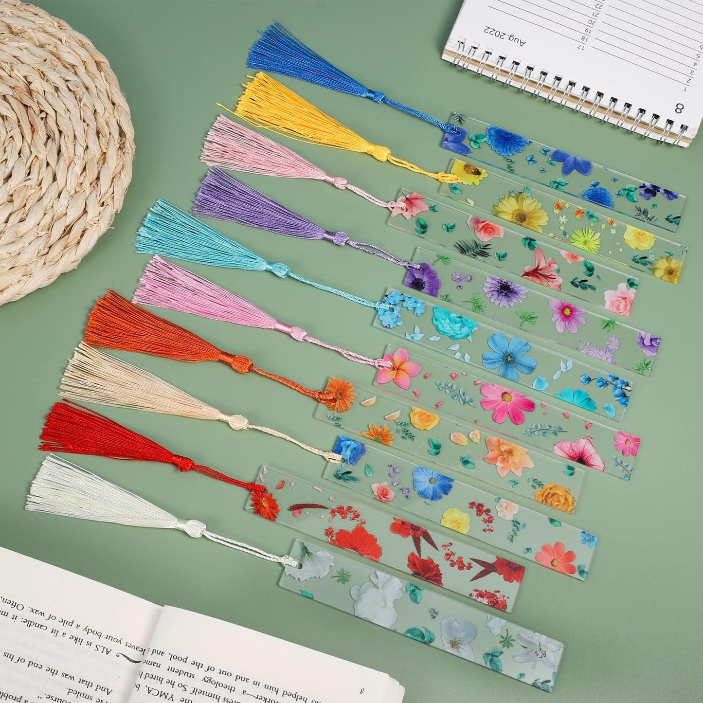 10Pcs Flower Resin Bookmark Transparent Floral Bookmarks for Women Cute Bookmarks Flower Page Marker with Tassels, Gifts for Book Lovers, Women, Kids