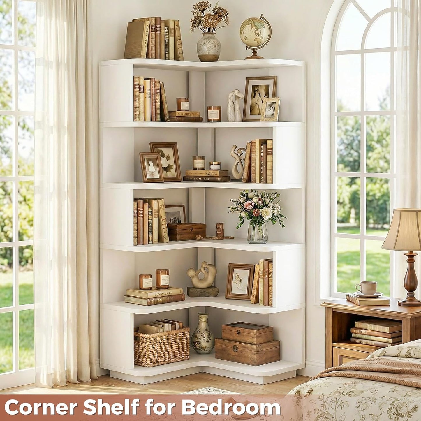 Corner Book Shelf, 6-Shelf Corner Bookshelf for Small Corner Spaces, L-Shape Bookcase Corner Display Shelf for Home Office, Living Room, Bedroom, White