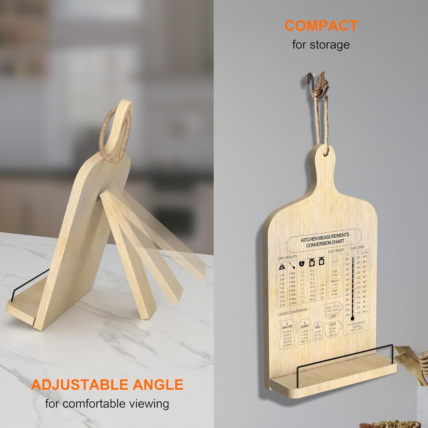 Bamboo Cookbook Stand, Adjustable Cookbook Holder Stand, Recipe Book Holder with Measurement Conversion Chart, Cook Book Stand for Kitchen Counter, Essential Accessories Gifts for Bakers Women
