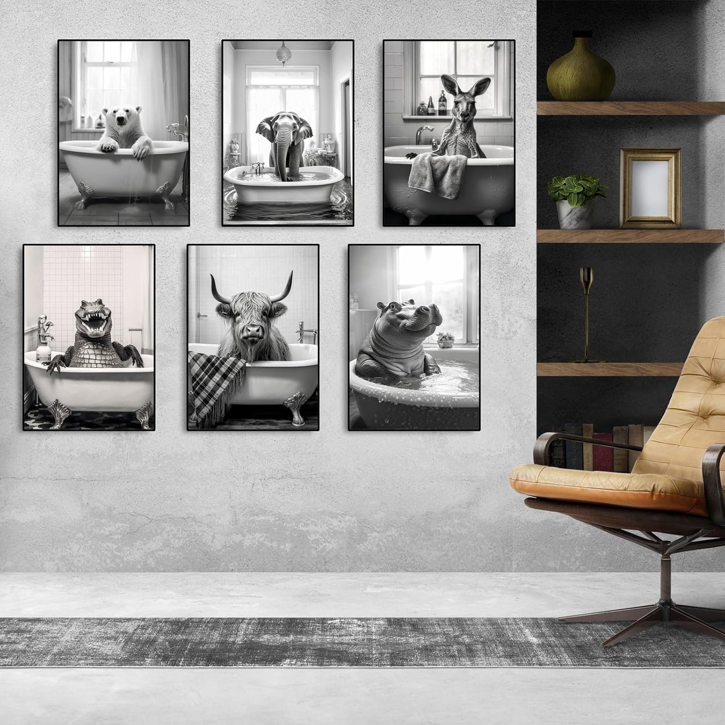Funny Crocodile Bathroom Decor Wall Art (Black Aluminum L16"xW12" Frame) Prints Painting , Vintage Black and White Rustic Style Cute Animals Canvas Art Poster for Restroom Decoration, Farmhouse Wall