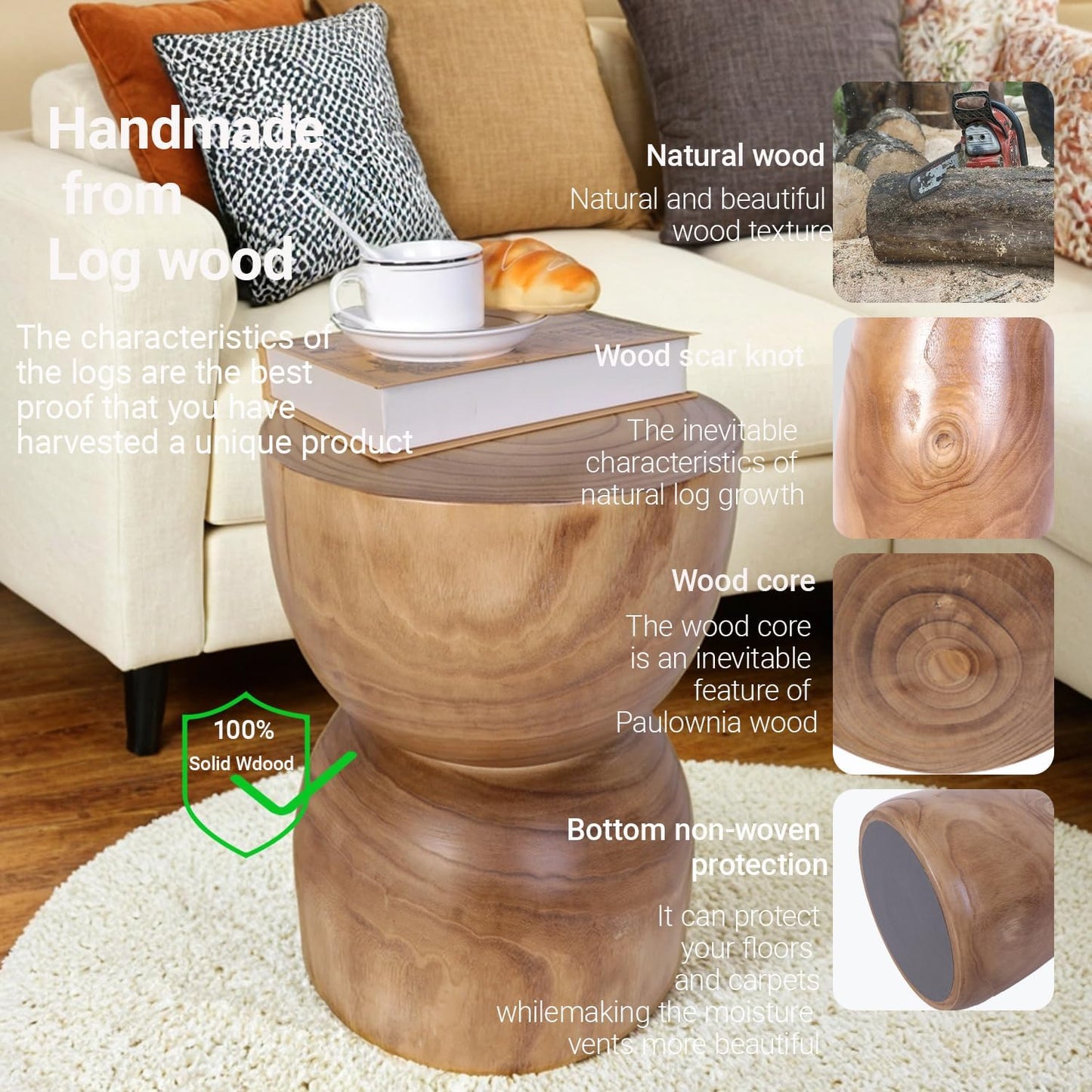 TORMAYS HOME Small Solid Wood Stump Side Table 15.8” H x 11.8” Dia, Handmade Natural Tree Stump Accent Table, Rustic Farmhouse End Table for Small Spaces, Fully Assembled