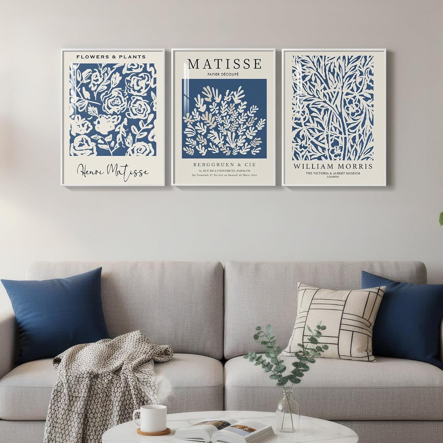 Framed Blue Matisse Wall Art for Room Decor, 3 Piece Botanical Artwork for Walls, Vintage Blue and White Plant Canvas Print, William Morris Painting Picture for Bedroom Living Room Hallway, 12x16 Inch