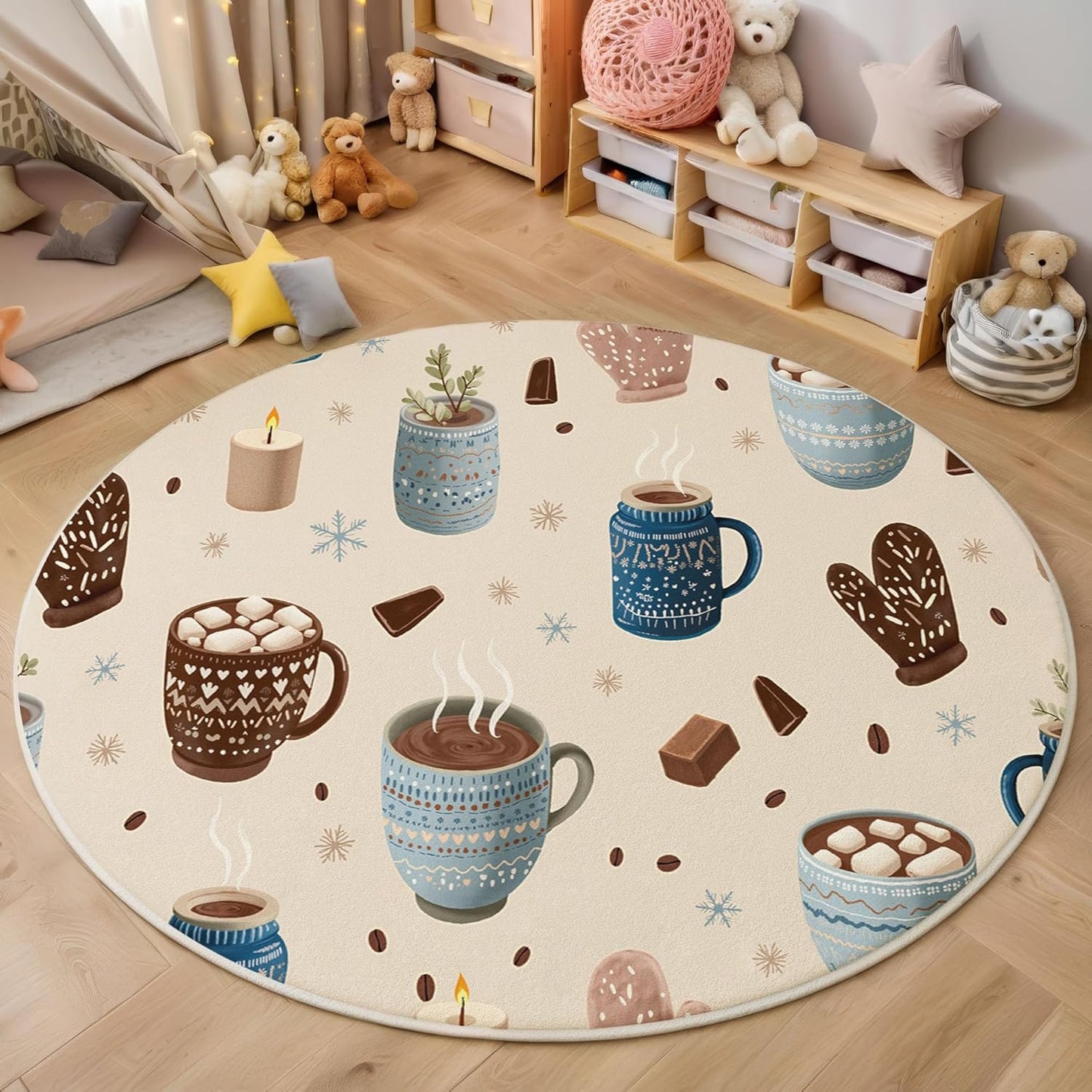 Washable Winter Hot Cocoa Snowflakes Area Rug, 4Ft Round Rugs for Living Room Soft Carpet for Bedroom Cartoon Illustration Indoor Stain Resistant Non-Shedding Floor Carpet, Beige, 4Ft-Round