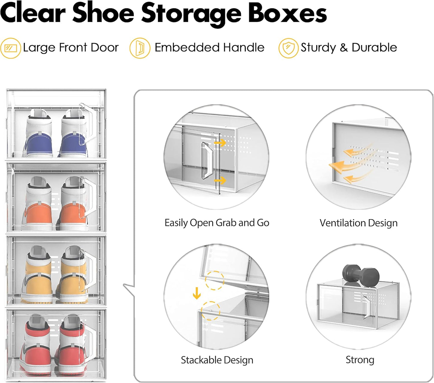 SEE SPRING XX-Large Shoe Storage Box Fit Size 13, Clear Plastic Stackable Shoe Organizer for Closet, Space Saving Sneaker Shoe Rack Containers Bins Holders for Entryway, Under Bed, 12 Pack Black