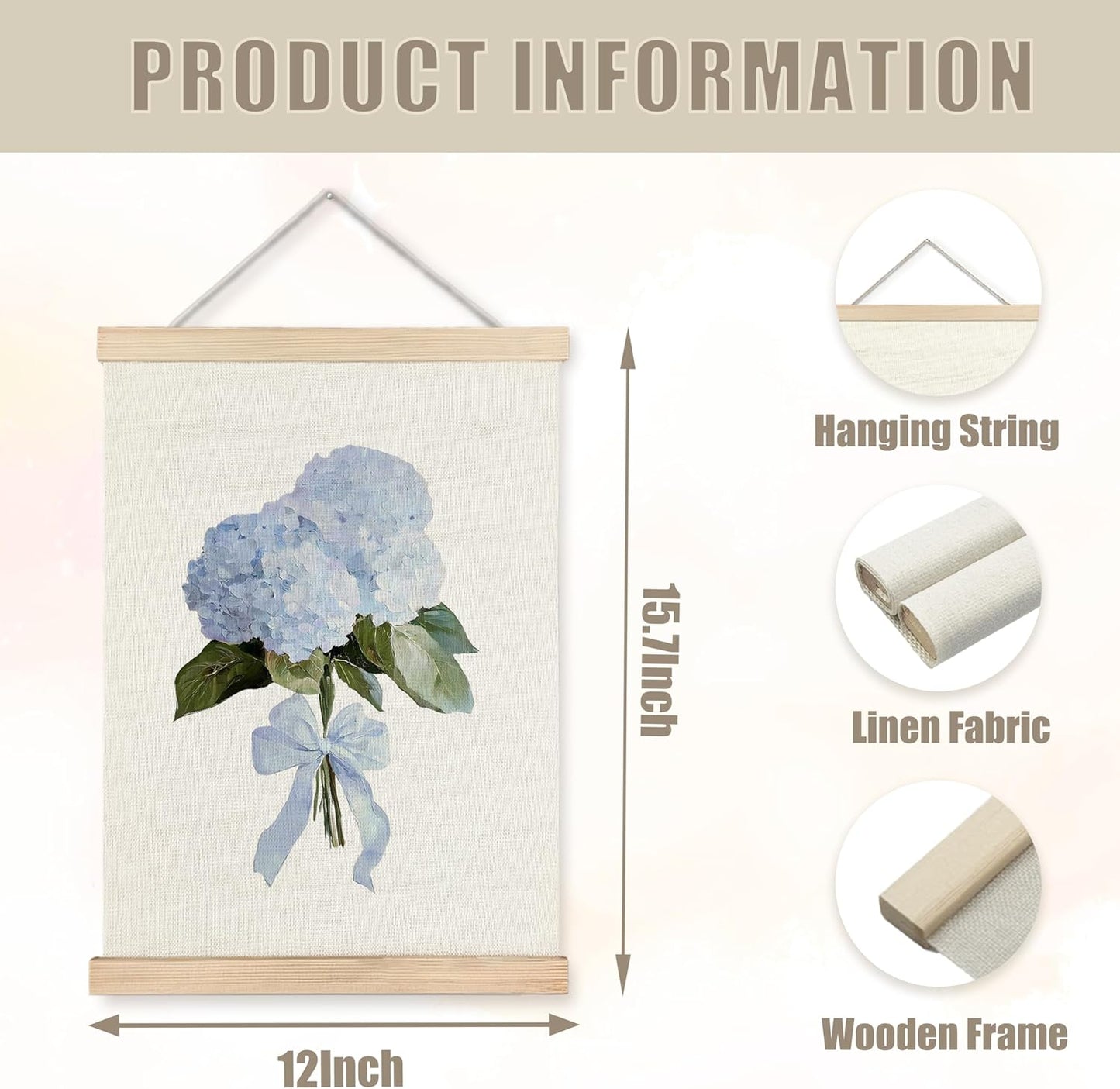 WUCHJ Coquette Hydrangea Floral Wall Art Poster, Rustic Flower Wall Decor, Aesthetic Bow Blue Hydrangea Flower Canvas Prints Artwork for Home Bedroom Living Room Decor, 12x16 Inch