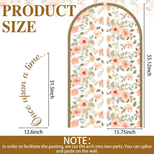Pinkunn Flower Arch Wall Decals with Wooden Book Shelves Once Upon a Time Sign Decals Peel Bedroom Reading Corner Decor Hanging Decor for Family Wall Bookshelf Bedroom Living Room