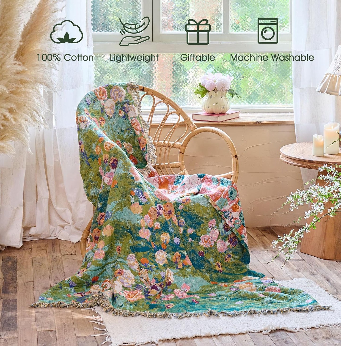 Boho Throw Blanket - 100% Cotton Throw Blankets for Bed Couch, 50"x60" Soft Muslin Lightweight Spring Throw Blanket, Cozy Floral Plant Printed Bohemain Bedding Decor Green Throw Quilt