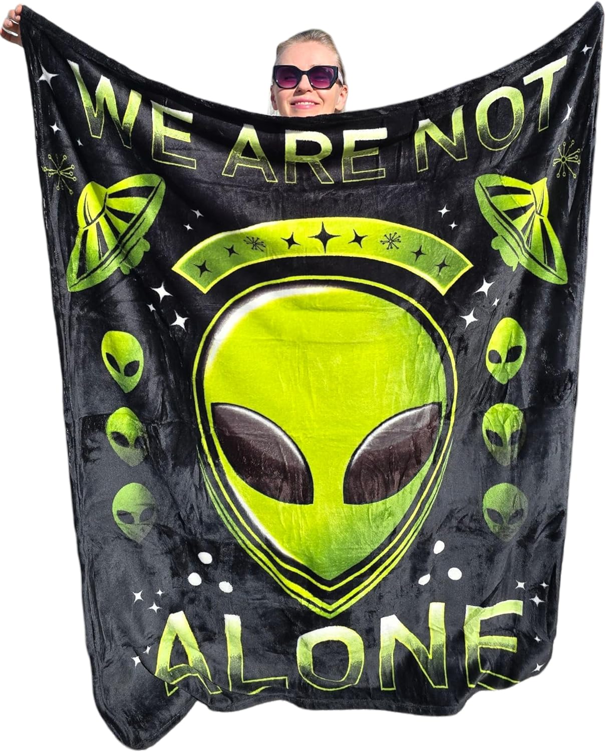 Green and Black Alien Blanket - We are Not Alone (50" X 60") UFO UAP Flying Saucers Stars Roswell Disc. Soft Warm Bedroom Throw Fleece Blanket.