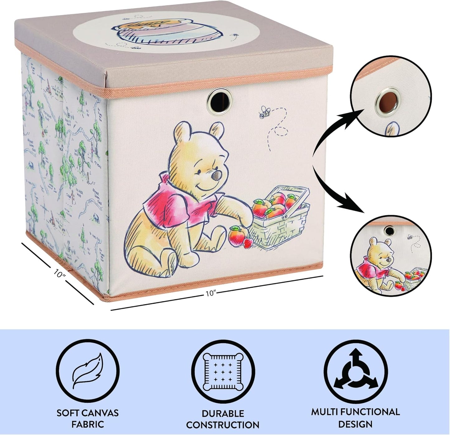 Idea Nuova Winnie the Pooh Collapsible Storage Cube with removable Lid, 10" Wx10 Hx10 D