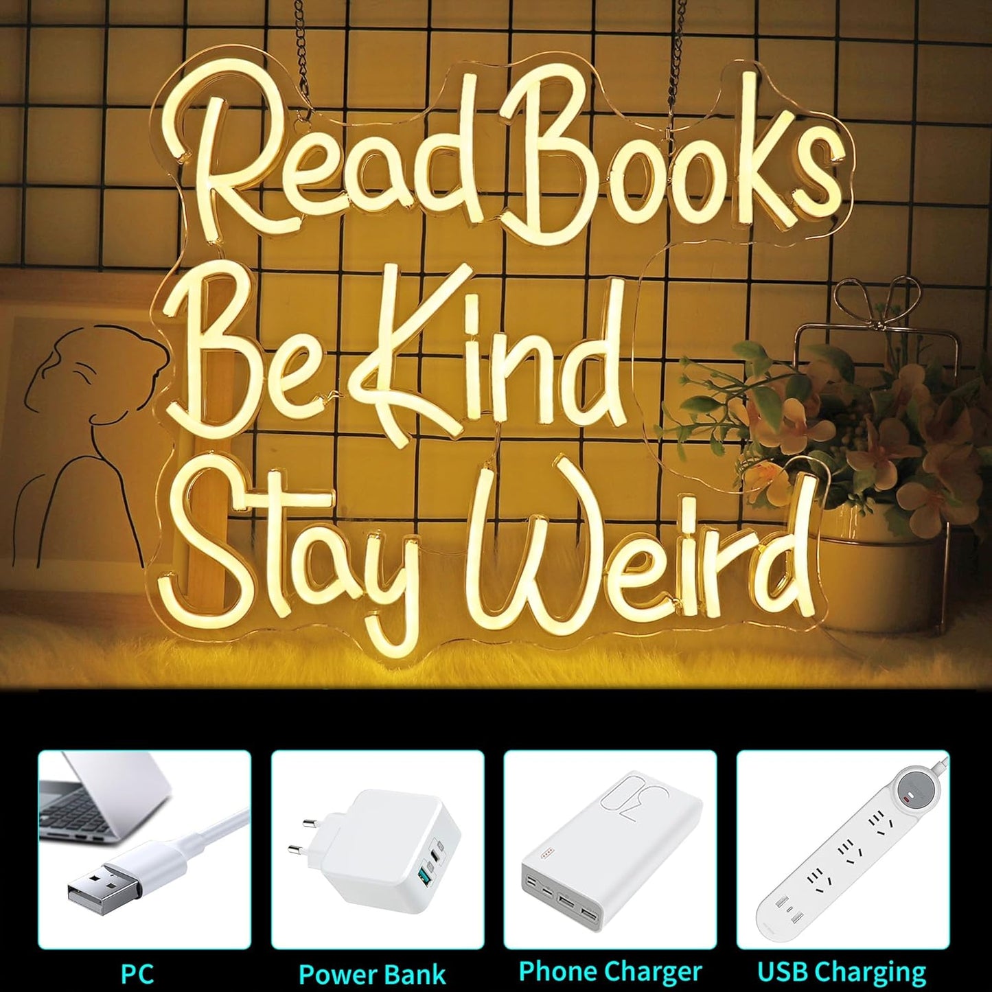 Neon Sign, JGHTURIE Read Books Neon Signs for Wall Decor Warm White Led Lights Signs for Classroom Office Library Bookshop Study Room Decoration USB Powered