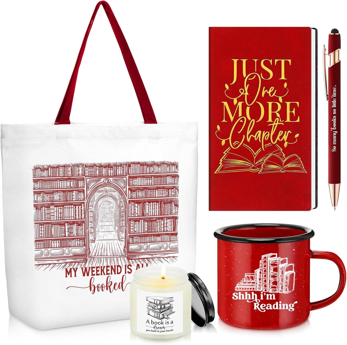 Jetec Set of 5 Book Lovers Gifts for Reader Include Canvas Tote Bag Journal Notebook with Ballpoint Pen Enamel Mug Scented Candle for Teens Librarian Bookish Author(Red)