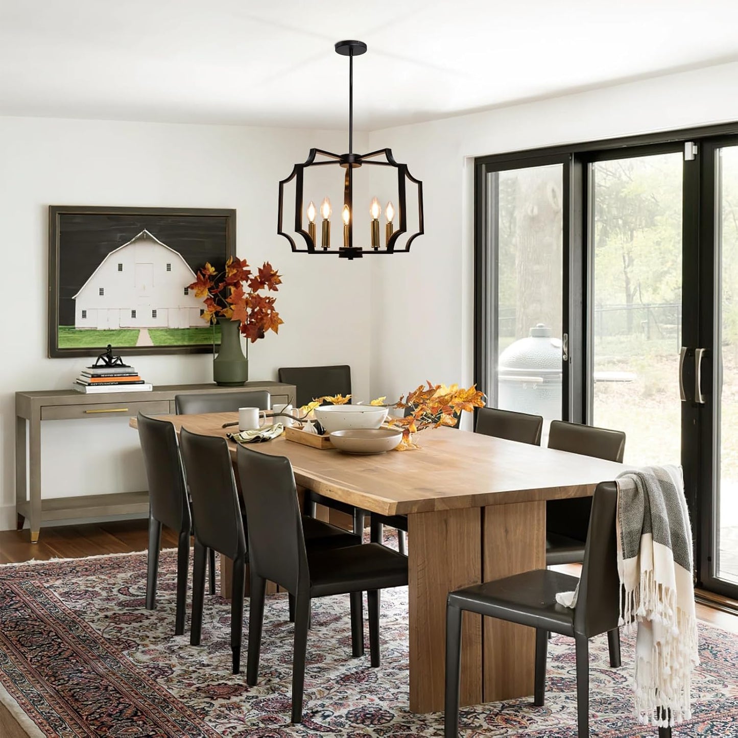 Dining Room Chandeliers, Black&Gold Geometric Modern Farmhouse Chandelier, 5-Light Adjustable Hanging Industrial Metal Pendant Light Fixtures for Kitchen Island Bedroom Stairway Foyer Hallway