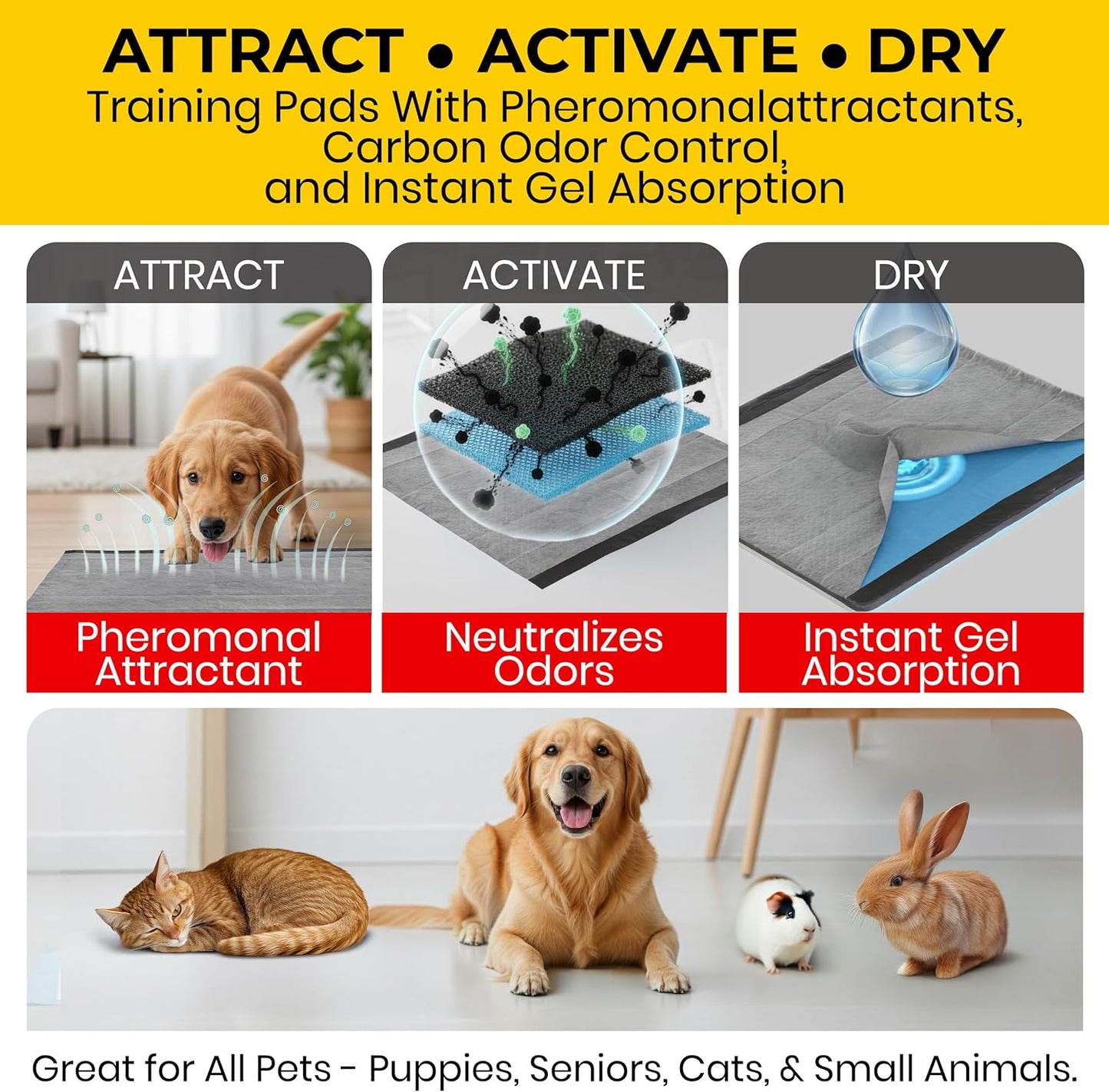 Glad for Pets Black Charcoal Puppy Pads - Super Absorbent Disposable Dog Pee Pads, Potty Training Pads, and Pet Supplies - Dog Pee Pads for Crate Training and Indoor Use 23" x 23" - 100 Count