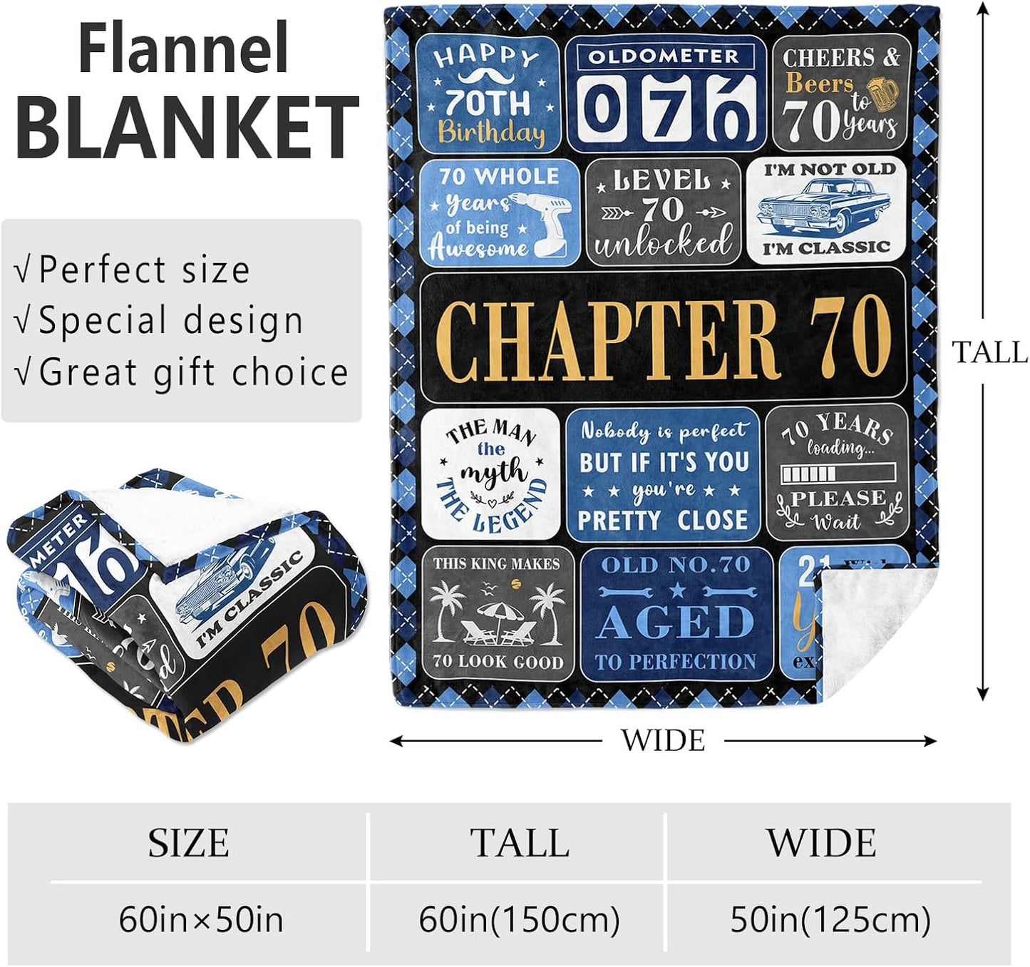 70th Birthday Gifts for Men Blanket 60"x50", 70 Year Old Birthday Gifts for Men, 1956 Birthdays Gift for Him, Best Birthdays Gift for 70th Man, Chapter 70 Throw Blanket