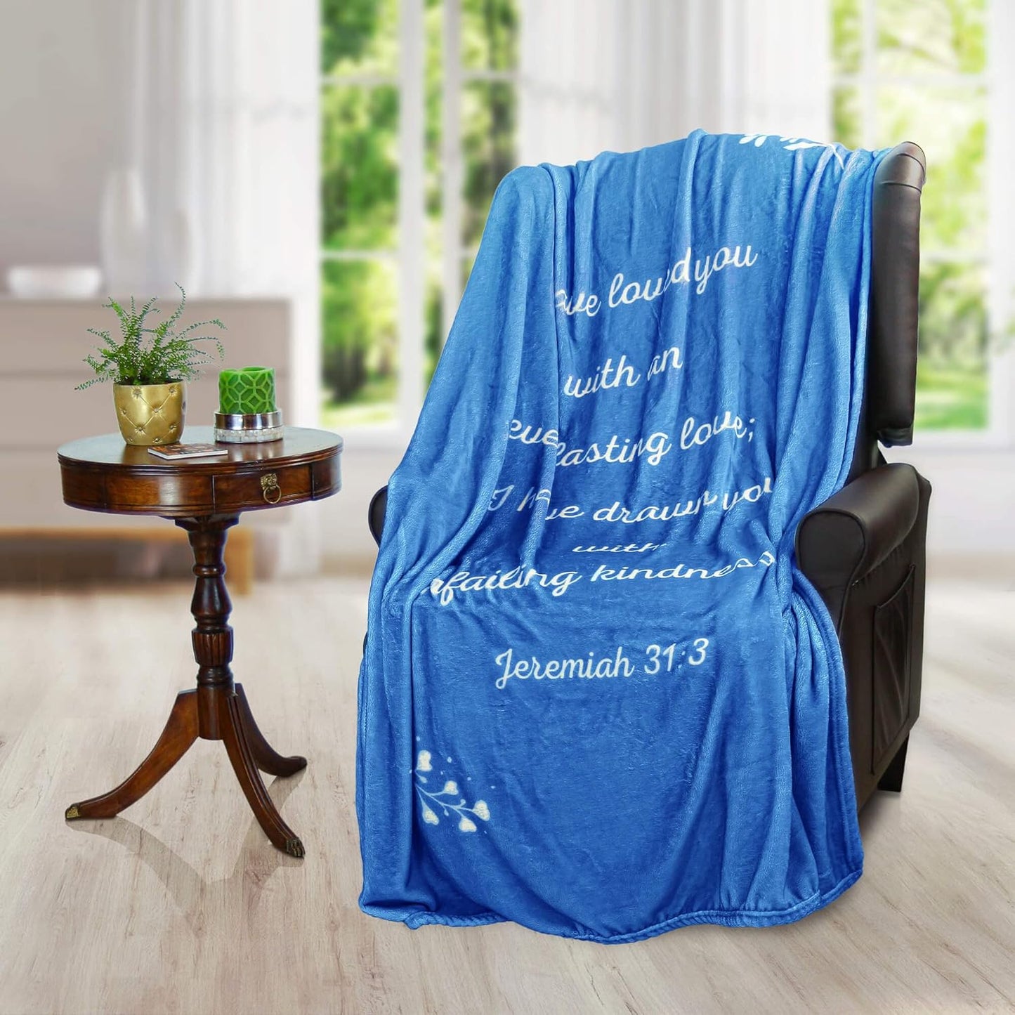 Scripture Blanket Soft Prayer Blanket with God's Love Verse from Jeremiah 31:3 - Blue 50"x65" Inspirational Bedspread - Lightweight Flannel Fleece Bible Verse