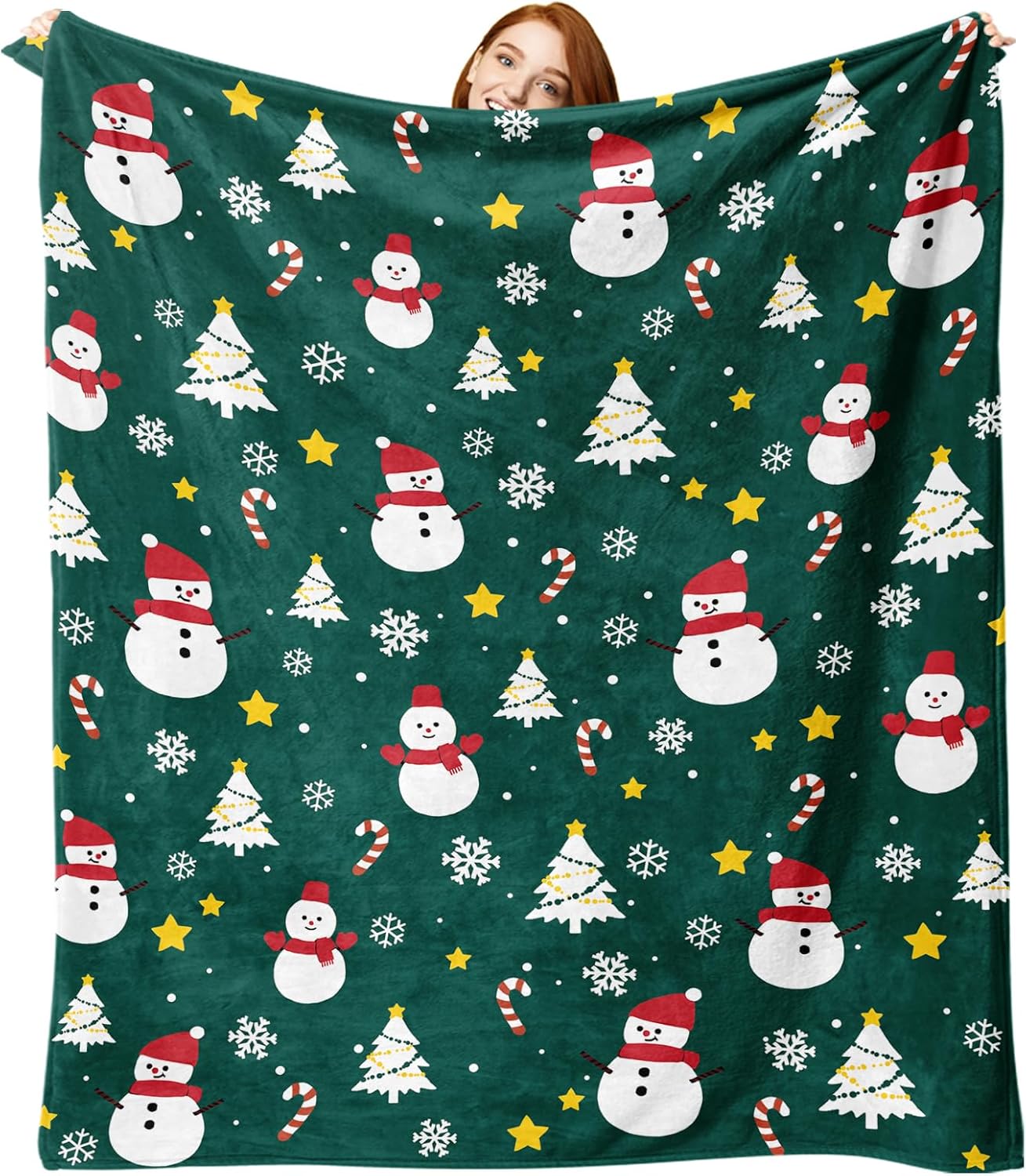 Green Christmas Snowman Flannel Throw Blanket, Xmas Tree Snowflake Candy Cane Stars Birthday Gifts for Kids Men Women, Winter Holiday Soft Blankets for Bedding Sofa 50 x 60 Inches