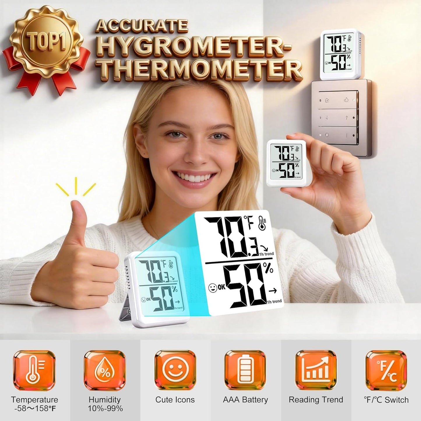 Room Thermometer Indoor Hygrometer Humidity Meter Gauge Digital Temperature and Humidity Sensor Monitor for Home Office House Pets Plants - AAA Battery Included