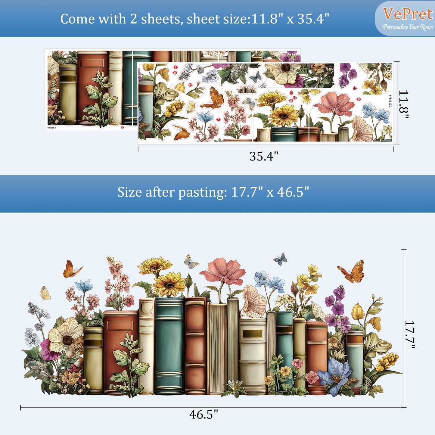 Flowers Books Wall Decals Peel and Stick, Vintage Floral Botanical Library Vinyl Wall Decor, Butterflies Removable Room Home House Wall Stickers & Murals for Bedroom Living Room Office