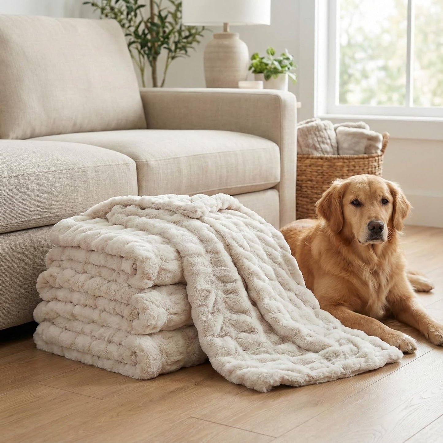 Luxury Concepts Soft Faux Rabbit Fur Throw Blanket - 50" x 60", Elegant Ruched Design Blanket, Machine Washable and Wrinkle Resistant, Lightweight Beige Throw Blanket for Couch, Sofa and Bed