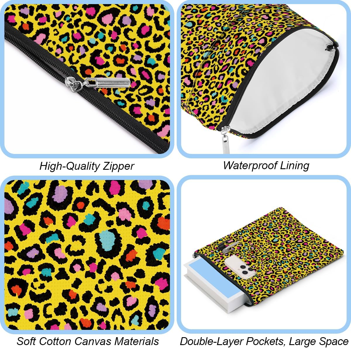 2 Pack Rainbow Leopard Print Book Sleeve, Books Protector，Books Pouch， Book Lovers Gifts，Bookish Gifts Waterproof Cover with Zipper，Leopard Decor Gift Bag for Women Sister Birthday Appreciation