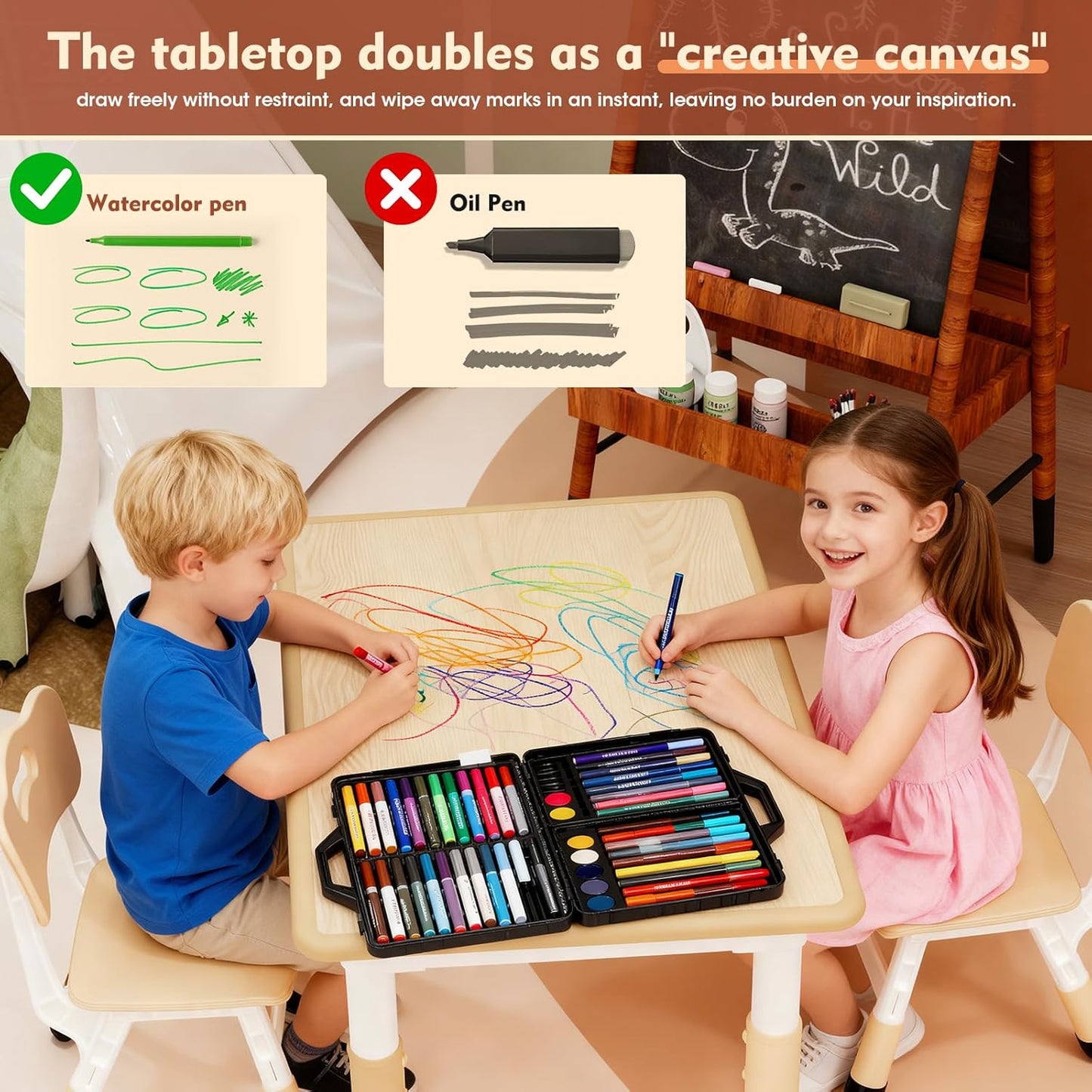 HLPB Kids Table and 2 Chairs Set, Adjustable Height, Graffiti Desktop, Non-Slip Legs, 31.5''L x 23.6''W Toddler Multi-Activity Table for Ages 2-8, Max 300lbs, for Daycare, Classroom, Home