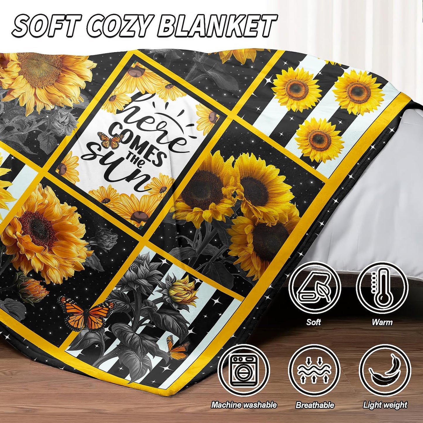 Sunflower Throw Blanket, Stars Butterfly Stripe Design, Soft Cozy Fleece Blanket for Couch Bed, 40 x 50 Inches